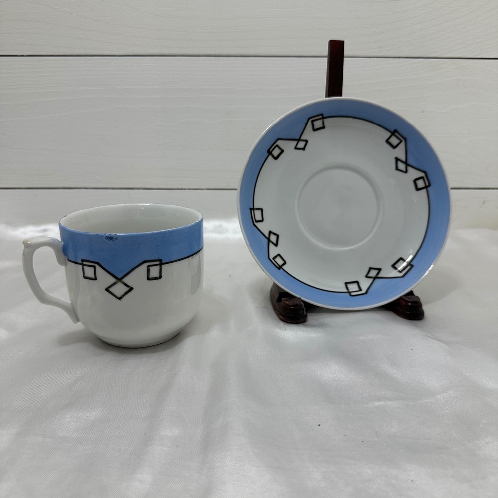 Vintage‎ Tea Cup Saucer Set Blue Good Art Deco Geometric Porcelain Retro Cottage